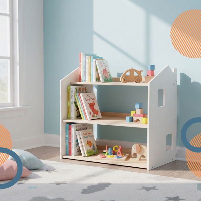 Montessori dětská knihovna, police ve tvaru domečku, MDF
