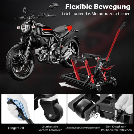 Hydraulický zvedák motocyklu do 680kg, 3stupňově výškově nastavitelný, červený