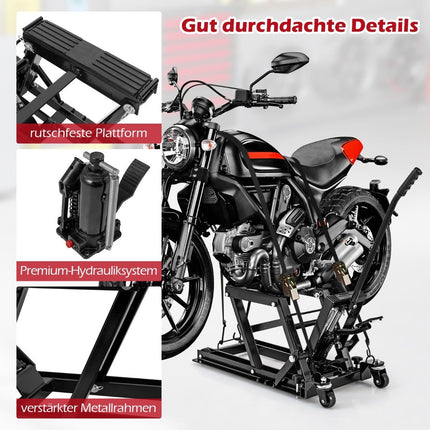 Hydraulický zvedák motocyklu do 680kg, 3stupňově výškově nastavitelný, černý