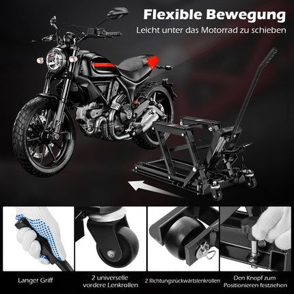 Hydraulický zvedák motocyklu do 680kg, 3stupňově výškově nastavitelný, černý