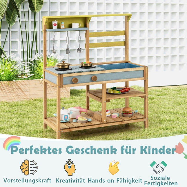 Mud kitchen children's play kitchen made of spruce wood with stove knobs &amp; Natural sink