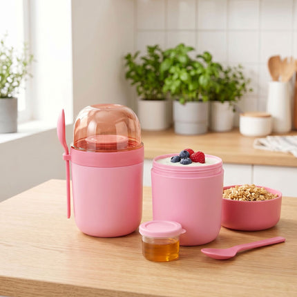 Müsli kelímky s sebou se lžičkou, 4 ks, růžové