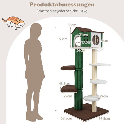 Víceúrovňové škrabadlo, stabilní kočičí škrabadlo se sisalovými škrabadly a 5 plyšovými plošinami, kočičí nábytek 153cm