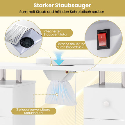 Nail Table with Electric Dust Collector & Storage, White
