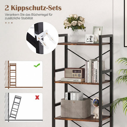 Narrow 4-Tier Metal Bookshelf, Rustic Brown, 41.5x27.5x100 cm