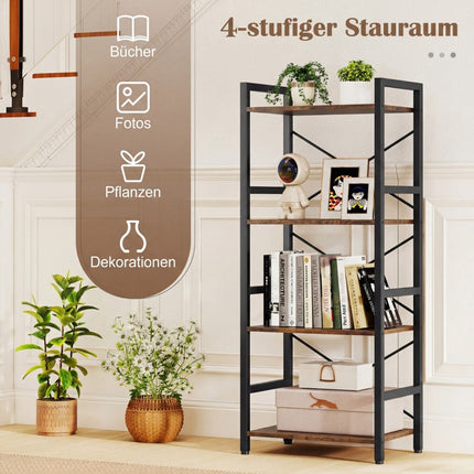 Narrow 4-Tier Metal Bookshelf, Rustic Brown, 41.5x27.5x100 cm