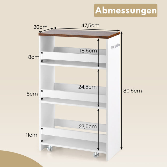 Úzký 4patrový pojízdný kuchyňský vozík, šířka 20 cm, bílý