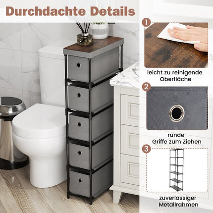 Narrow 5-Drawer Storage Tower, Metal Frame, Wood Top