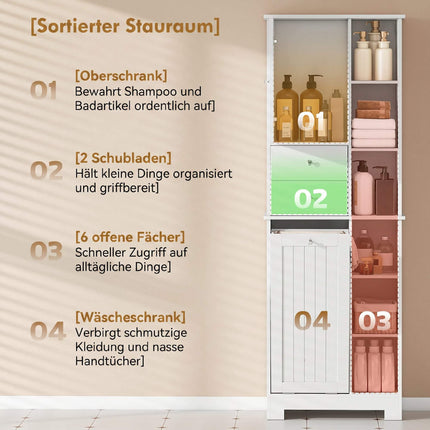 Skříňka koupelnová úzká s košem na prádlo, 2 zásuvky, bílá
