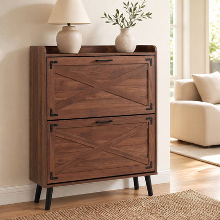 Narrow Brown Shoe Cabinet with Adjustable Shelves, 2 Drawers