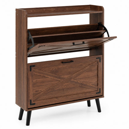 Narrow Brown Shoe Cabinet with Adjustable Shelves, 2 Drawers