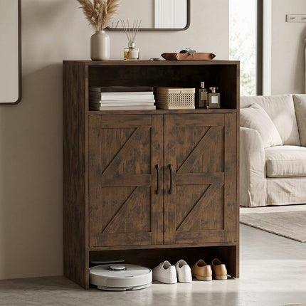 Narrow Brown Shoe Storage Cabinet with Open Shelf