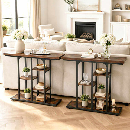 Narrow Console Table 109 cm with 4 Open Storage Shelves, Rustic Brown & Black