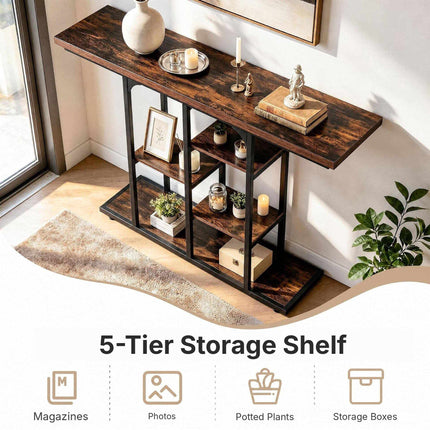 Narrow Console Table 109 cm with 4 Open Storage Shelves, Rustic Brown & Black