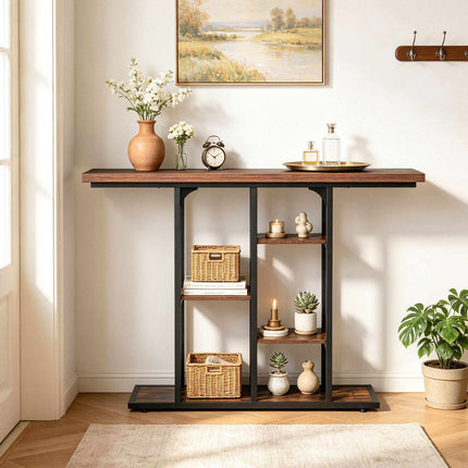 Narrow Console Table 109 cm with 4 Open Storage Shelves, Rustic Brown & Black
