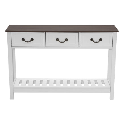 Narrow Console Table 120 cm, 3 Drawers, Shelf, Brown White