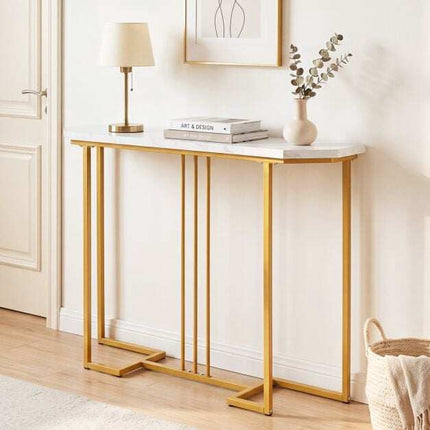 Narrow Console Table, White Marble Top, Gold Geometric Frame