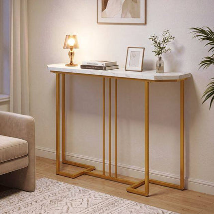 Narrow Console Table, White Marble Top, Gold Geometric Frame