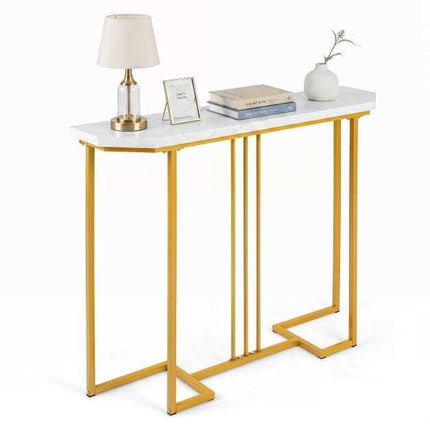 Narrow Console Table, White Marble Top, Gold Geometric Frame
