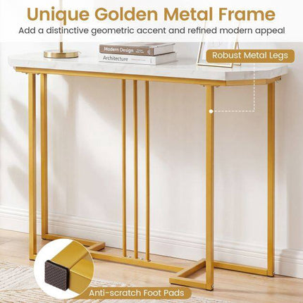 Narrow Console Table, White Marble Top, Gold Geometric Frame
