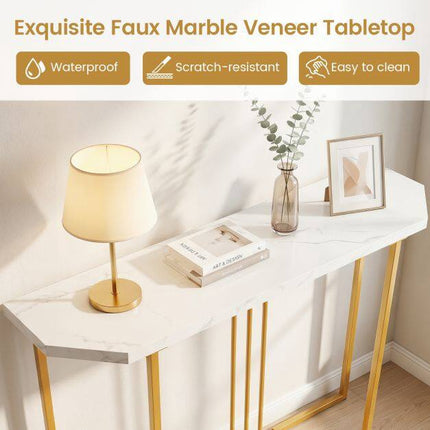 Narrow Console Table, White Marble Top, Gold Geometric Frame
