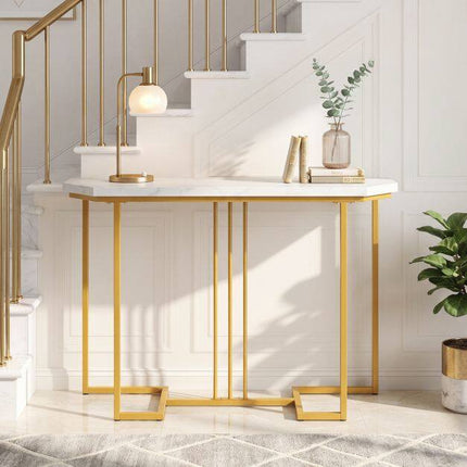 Narrow Console Table, White Marble Top, Gold Geometric Frame