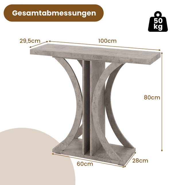 Úzký konzolový stolek s geometrickým kovovým rámem, šedý
