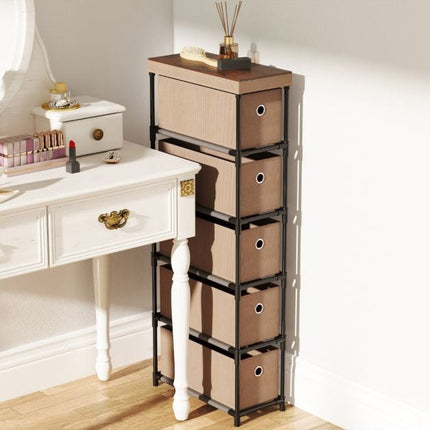 Narrow Dresser, 5 Drawers, Metal Frame, Wood Top