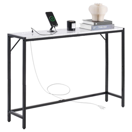 Narrow Faux Marble Console Table With Power Outlet, Metal Frame