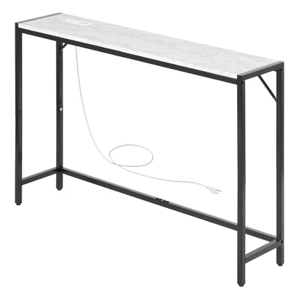 Narrow Faux Marble Console Table With Power Outlet, Metal Frame