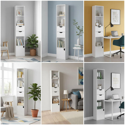 Narrow Freestanding Bookcase with Drawers and Cupboard
