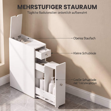 Narrow White Bathroom Cabinet with 2 Drawers, MDF 16x48x58 cm