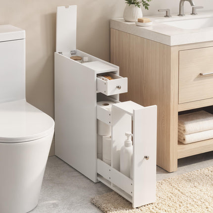 Narrow White Bathroom Cabinet with 2 Drawers, MDF 16x48x58 cm