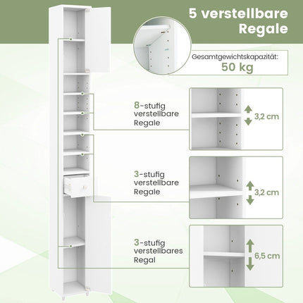 Úzká koupelnová vysoká skříň se 2 dvířky a 1 zásuvkou 20 x 20 x 180 cm bílá