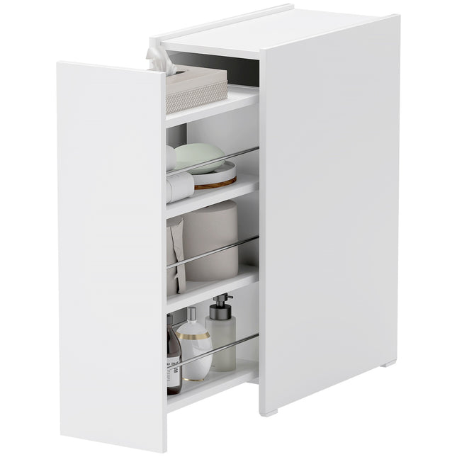 White narrow bathroom cabinet with wheels, 3 drawers
