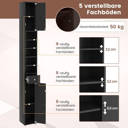 Úzká koupelnová skříňka se 2 dvířky a 1 zásuvkou vysoká skříň 20 x 20 x 180 cm černá