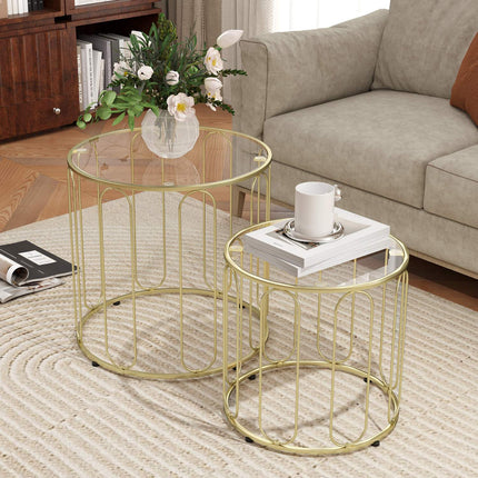 Verschachtelte runde Couchtische, Metallgestell, Glasplatte