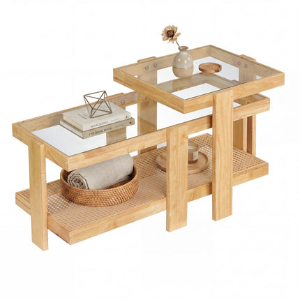 Nesting Coffee Tables Set, Rattan Accent, Tempered Glass