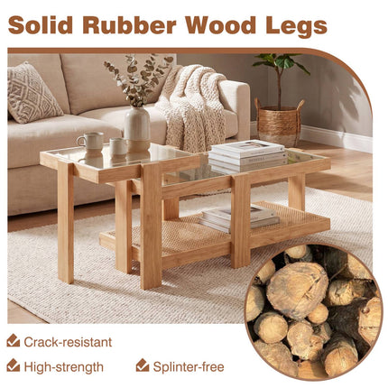 Nesting Coffee Tables Set, Rattan Accent, Tempered Glass