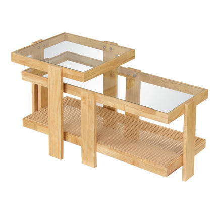 Nesting Coffee Tables Set, Rattan Accent, Tempered Glass