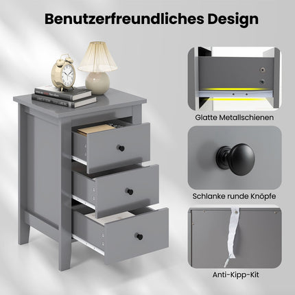 Nachttisch mit 3 Schubladen, viel Stauraum, Grau