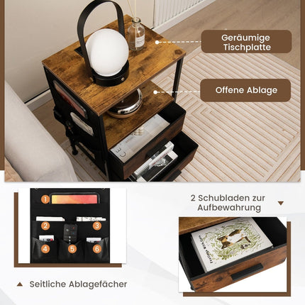 Nightstand with Charging Station, 2 Drawers, 6 Side Pockets