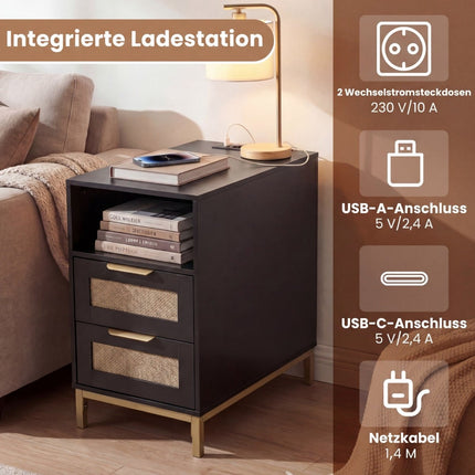 Nightstand with Charging Station, 2 Drawers, Rattan & Wood