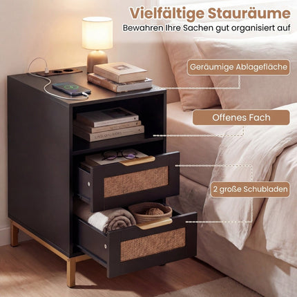 Nightstand with Charging Station, 2 Drawers, Rattan & Wood