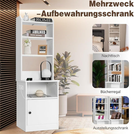 Nightstand with Charging Station – 3 Shelves, 2-Stage Cabinet, White