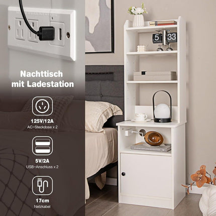 Nightstand with Charging Station – 3 Shelves, 2-Stage Cabinet, White