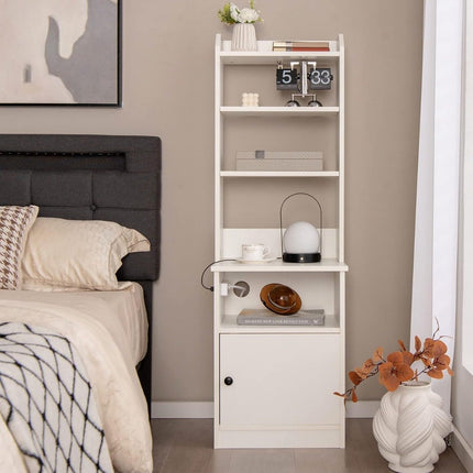 Nightstand with Charging Station – 3 Shelves, 2-Stage Cabinet, White