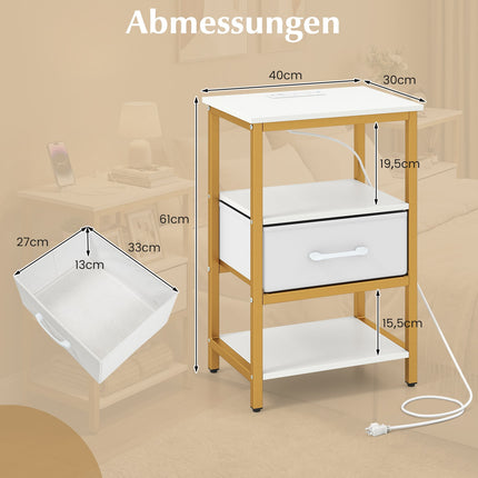Nightstand with Charging Station, Fabric Drawer, Open Shelves