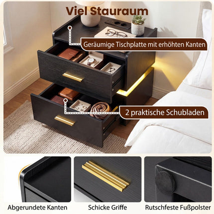 Noční stolek s LED osvětlením a nabíjecí stanicí, 2 zásuvky