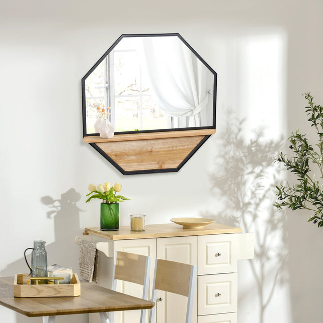 Octagon Wandspiegel Met Plank Hangspiegel In Industrieel Design Voor Slaapkamer Zwart 61 X 61 Cm